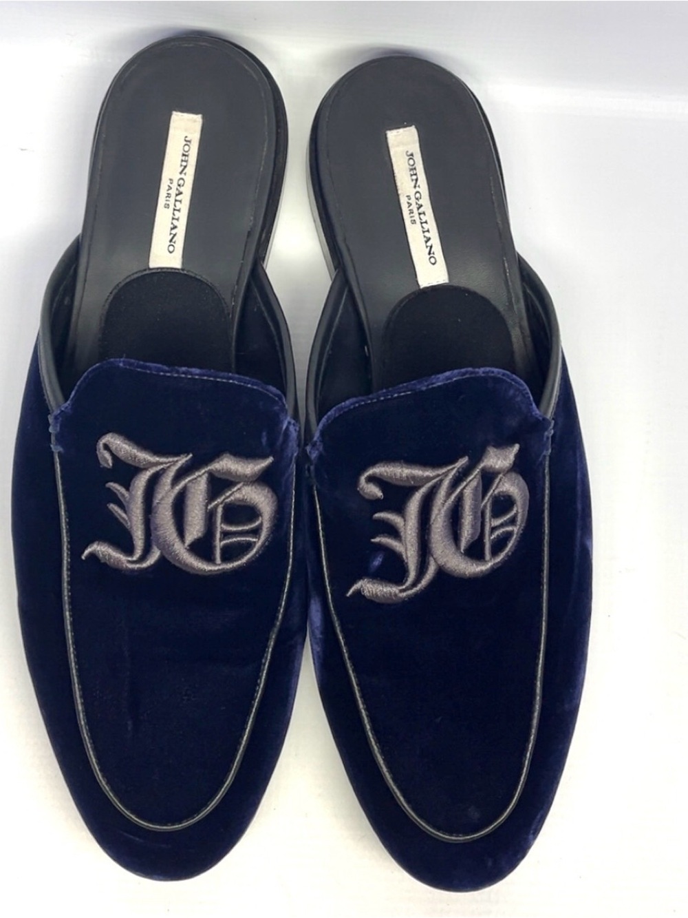 John Galliano Men’s Navy Velvet Slip-On Loafers with Silver Embroidered Monogram